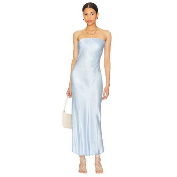SNDYS X Revolve Angel Strapless Midi Dress in Light Blue Medium New Womens Satin - Picture 1 of 9